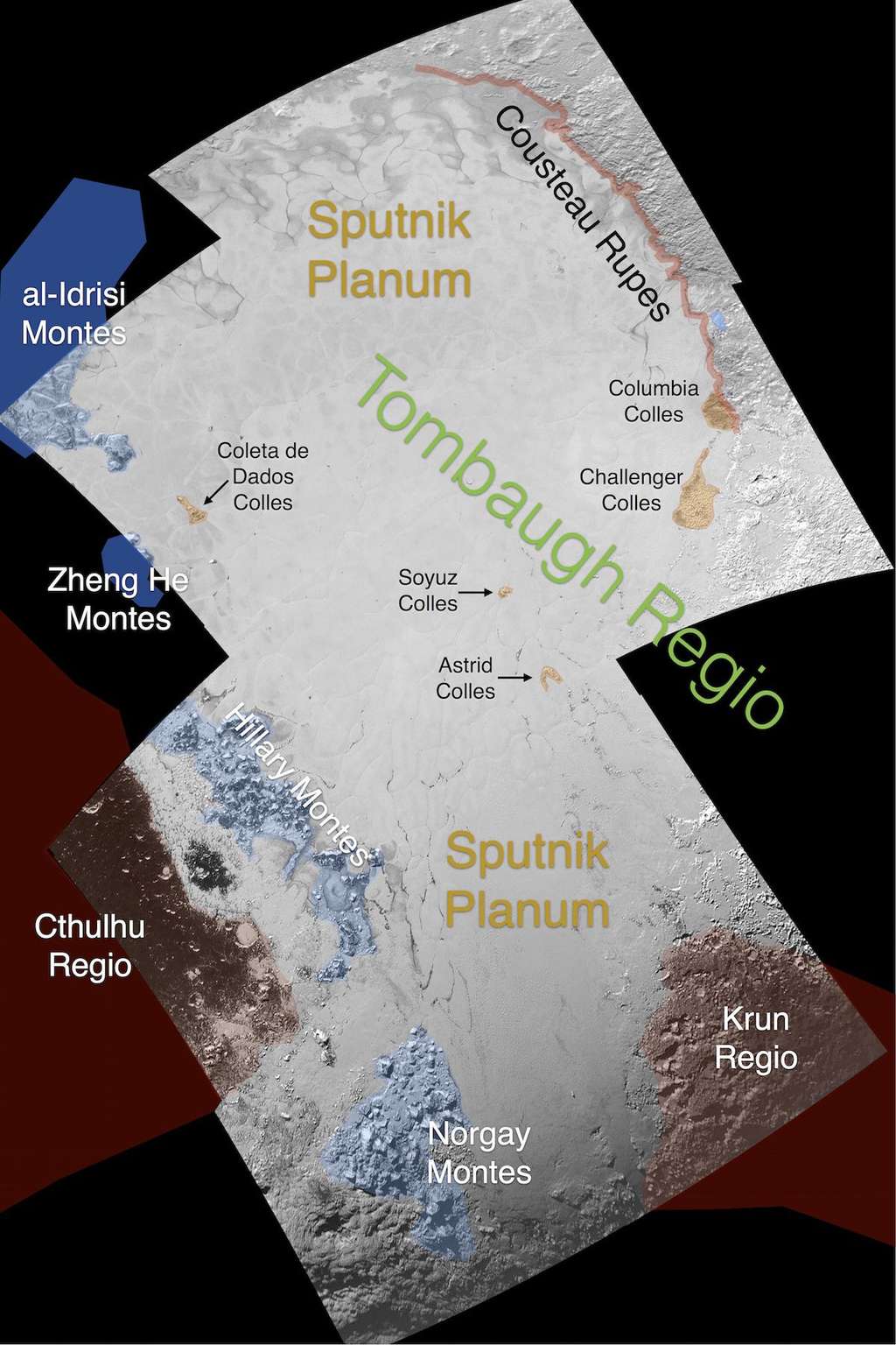 Au cœur de la région Tombaugh, principaux noms attribués aux reliefs dans et autour de la plaine Spoutnik. © Nasa, JHUAPL, SwRI