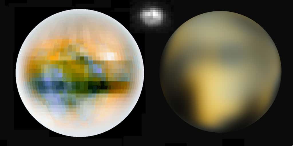 Des images du passé. À gauche, une cartographie réalisée en 2000 à partir de nombreuses données, dont celles de Hubble et celles venues des occultations de Pluton par Charon dans les années 1980. À droite, la meilleure représentation existant avant le survol, une cartographie réalisée grâce au nouvel instrument ACS installé par des astronautes sur le télescope spatial en 2002. La petite image en haut et au milieu est la photographie brute que Hubble donne de Pluton. Ces visions désormais préhistoriques permettent de mieux comprendre l'énormité de la montagne de données nouvelles que New Horizons est en train d'engranger. © Nasa / Eliot Young, Richard Binzel, Keenan Crane, 2000 / SwRi 