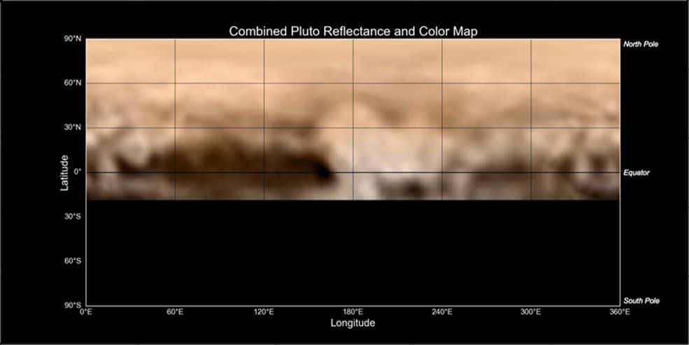 Une carte de Pluton créée en juillet 2015 à partir des données de Lorri et Ralph, deux des sept instruments de New Horizons. © Nasa, JHUAPL, SwRI