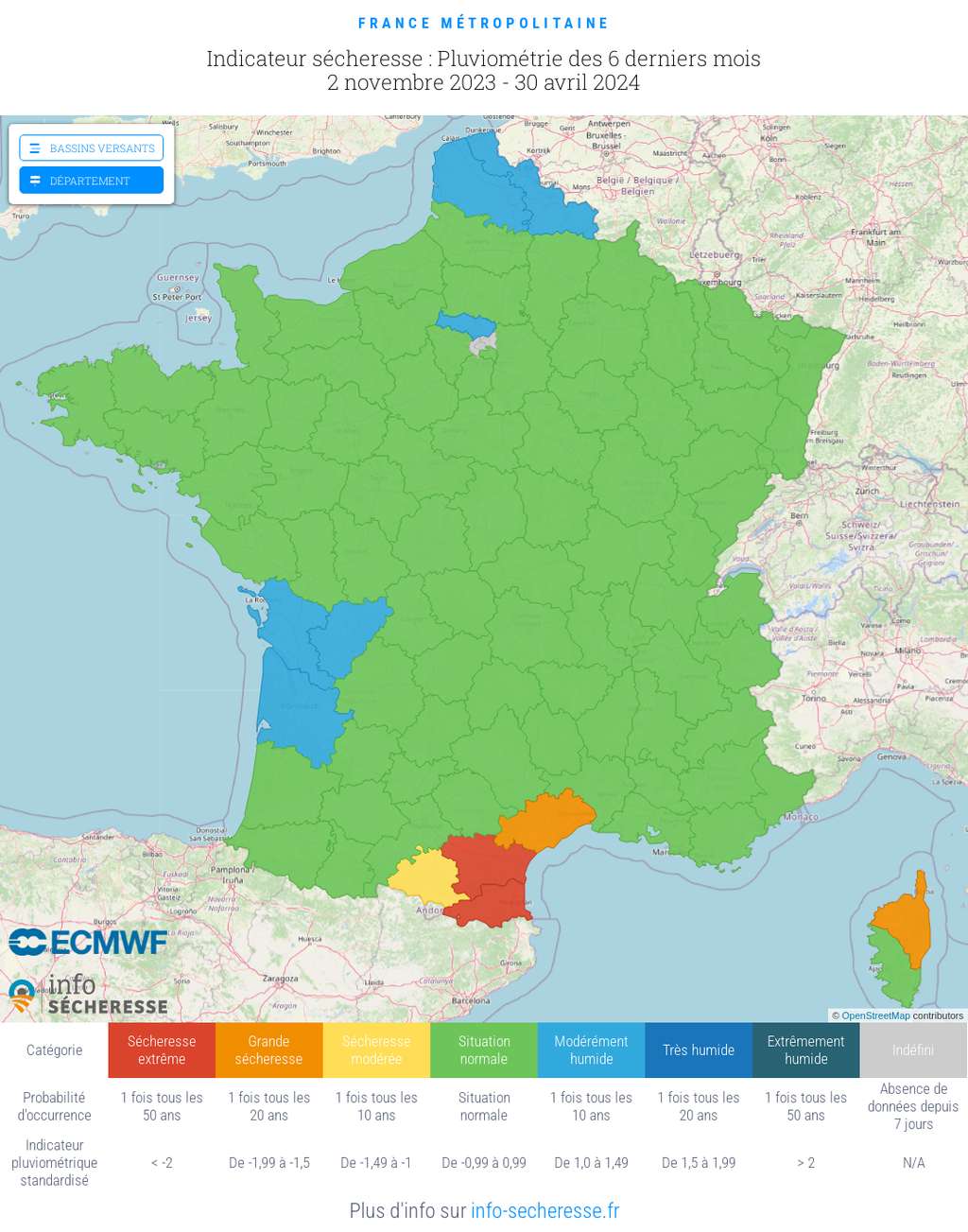 La pluviométrie en France moyennée sur les six derniers mois : elle est normale sur la majeure partie du pays, excédentaire à l'extrême nord et au centre-ouest et déficitaire dans le Languedoc et en Haute-Corse. © info-sécheresse