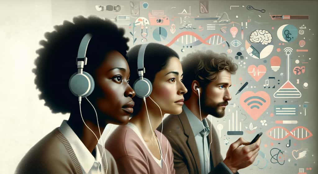 Une image stylisée représentant trois personnes écoutant chacune un podcast avec des écouteurs. En arrière-plan, des pictogrammes représentent différentes thématiques, comme la science, la santé ou la tech. © Futura avec Dall·E, généré avec l'IA   