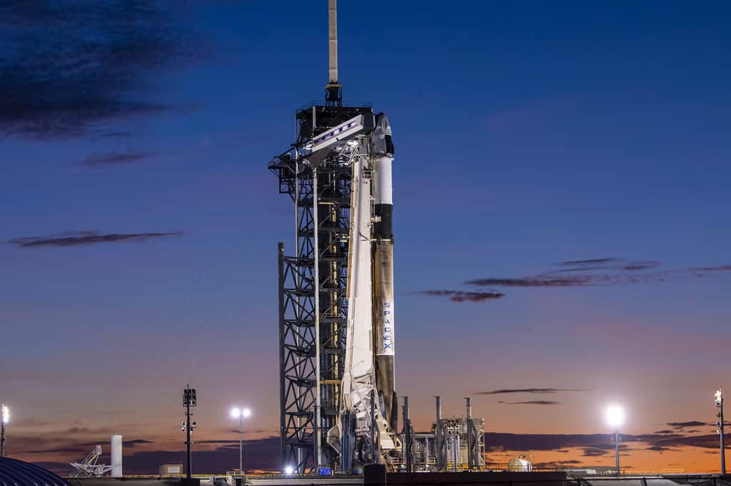 Le lanceur Falcon 9, à bord duquel se trouve le Crew Dragon, de SpaceX sur son pas de tir, quelques heures avant son décollage. © SpaceX