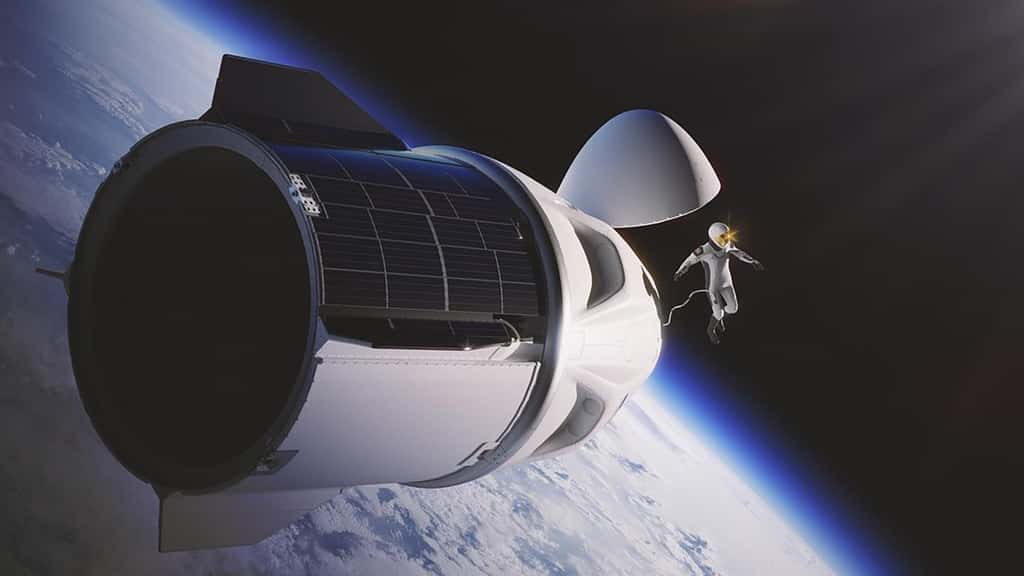 Vue d'artiste d'une sortie extravéhiculaire depuis un Crew Dragon de SpaceX. © SpaceX