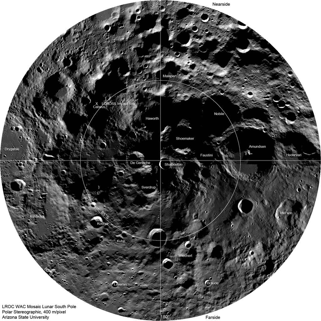 Le pôle sud de la Lune, dont ses principaux cratères son localisés. © Nasa, GSFC, Arizona State University