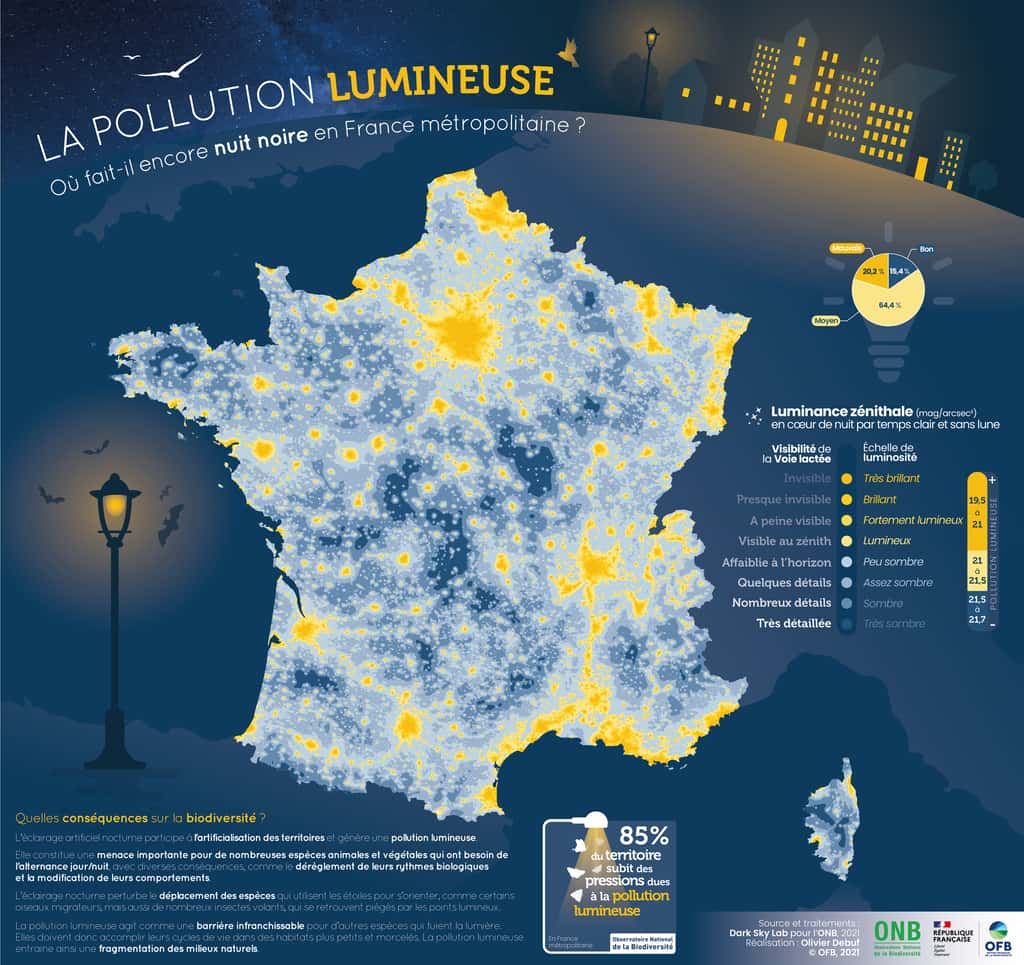 La pollution lumineuse en France métropolitaine. © OFB, 2021