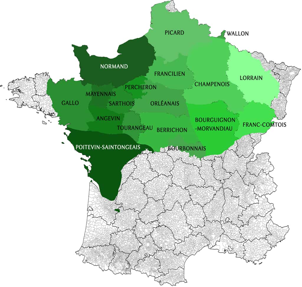 Carte du domaine d'oïl, découpage territorial des langues d'oïl. Auteur : Lyokoï, Wiktionnaire. © Wikimedia Commons, domaine public.