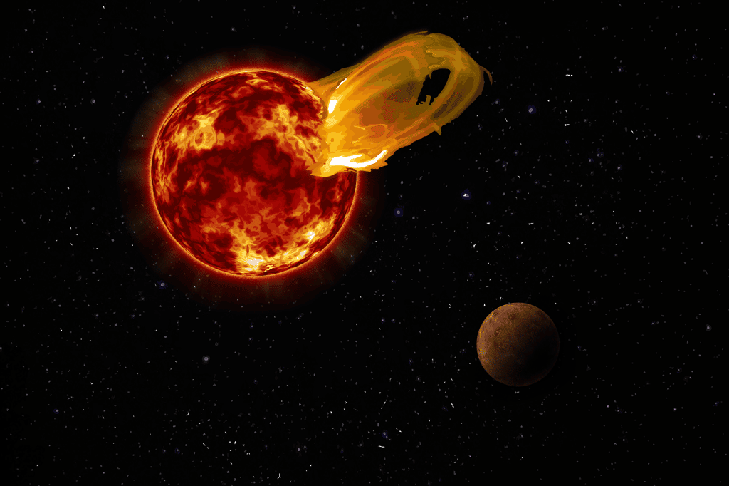 Une vue d'artiste d'une éruption stellaire de l'étoile Proxima Centauri. L'exoplanète Proxima b orbite autour de son étoile 20 fois plus près que la Terre autour du Soleil. Une éruption stellaire 10 fois plus forte que les plus puissantes éruptions solaires produit donc un rayonnement 4.000 fois plus intense à la surface de cette exoplanète que dans le cas de la Terre. © Roberto Molar Candanosa, institut Carnegie pour la science, Nasa, SDO, JPL