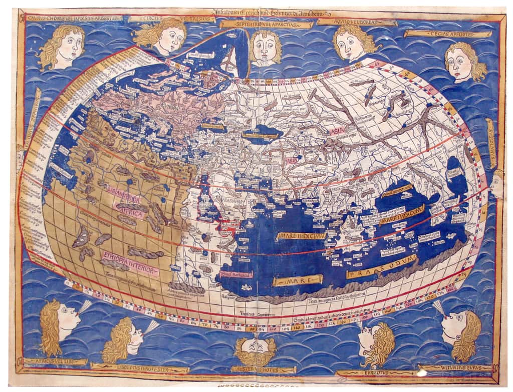 Représentation du monde, carte datée de 1482, d'après le traité « <em>Geographia</em> » ou « <em>Cosmographia</em> » de Ptolémée rédigé vers 150. On aperçoit le continent africain à gauche du planisphère en brun clair. © Wikimedia Commons, domaine public