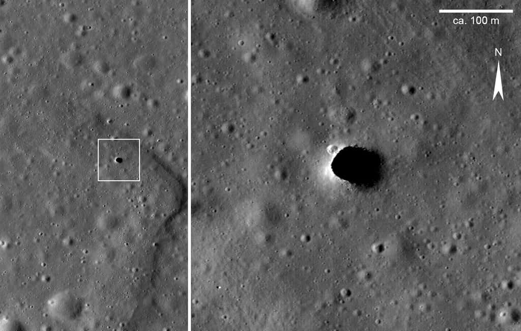 Un puit à ciel ouvert à la surface de la Lune débouchant sur des tunnels de lave. © Nasa, <em>Lunar Reconnaissance Orbiter Camera</em> (LROC), <em>Science Operations Center</em> (SOC)