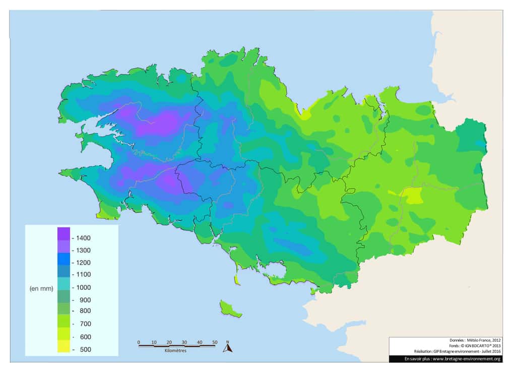Pluviométrie moyenne annuelle en Bretagne. © Météo France