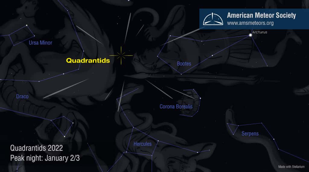 Radiant de l'essaim météoritique des Quadrantides dont l'activité culmine le 3 janvier. © AMS
