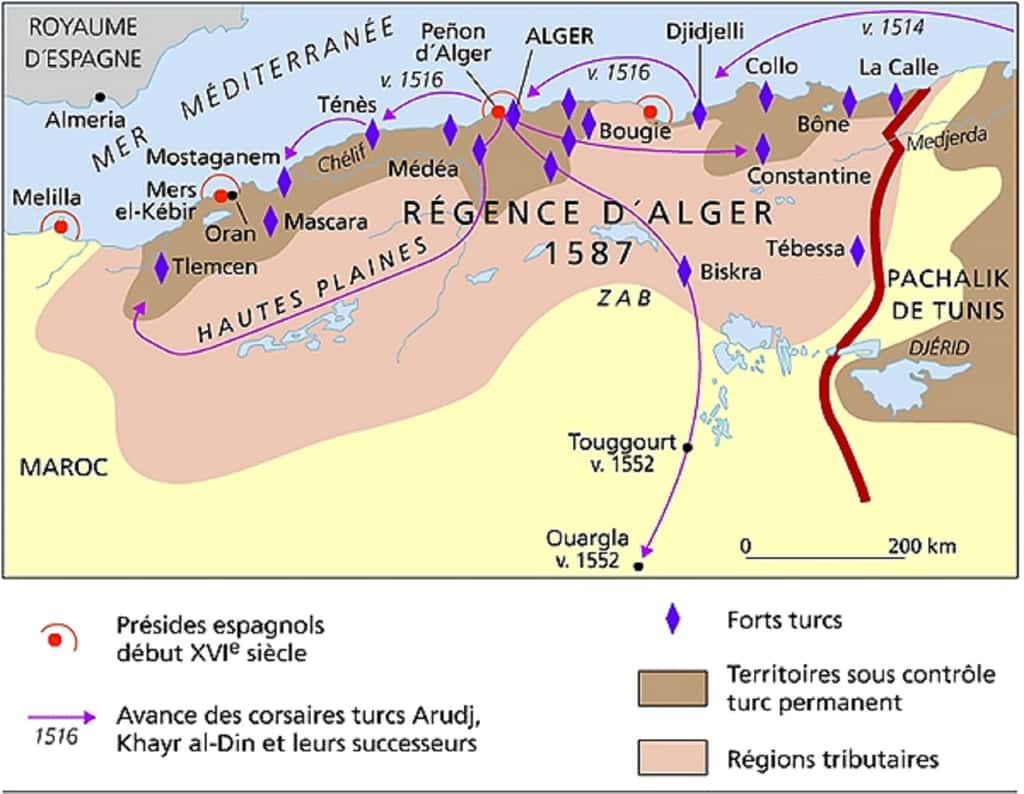 Carte de l'évolution territoriale de la régence d'Alger au XVIe siècle. © Kabyle Universel.