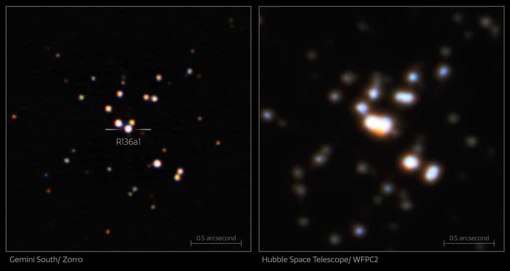 Cette image de comparaison montre la netteté et la clarté exceptionnelles de l'imageur Zorro sur le télescope Gemini South de 8,1 mètres au Chili (à gauche) par rapport à une image antérieure prise avec le télescope spatial Hubble de la Nasa/ESA (à droite). La nouvelle image de Gemini Sud a permis aux astronomes de distinguer clairement l'étoile R136a1 de ses compagnons stellaires proches, fournissant les données nécessaires pour révéler que — tout en restant l'étoile la plus massive connue dans l'Univers —, elle est moins massive qu'on ne le pensait auparavant. © Observatoire international Gemini/NOIRLab/NSF/Aura. Remerciements : Traitement d'image : T.A. Recteur (<em>University of Alaska Anchorage</em>/NSF's NOIRLab), M. Zamani (NSF's NOIRLab) & D. de Martin (NSF's NOIRLab) ; Télescope spatial Hubble de la Nasa/ESA