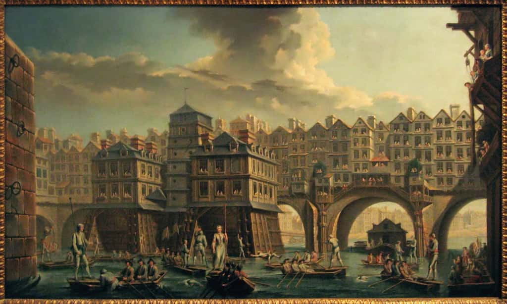 Tableau <em>La joute des mariniers</em> par Nicolas Raguenet en 1756, (la scène se situe entre le pont Notre-Dame et le pont-au-Change). Musée Carnavalet, Paris. © <em>Wikimedia Commons</em>, domaine public