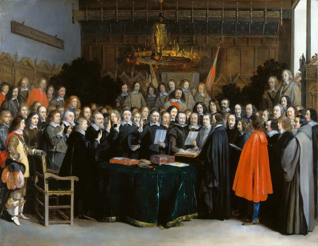 Tableau représentant la ratification du traité de Münster en 1648, par les plénipotentiaires du roi d'Espagne et des Provinces-Unies ; par Gerard Ter Borch en 1648. Rijksmuseum, Amsterdam. © <em>Wikimedia Commons</em>, domaine public