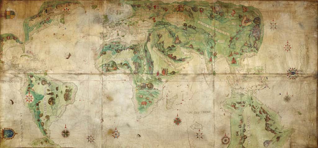 Mappemonde de l'École de cartographie de Dieppe, avec mention de la « Grande Jave » (Australie) et de la « Terra Australis » sous le détroit de Magellan. © <em>The British Library Board</em>, domaine public.