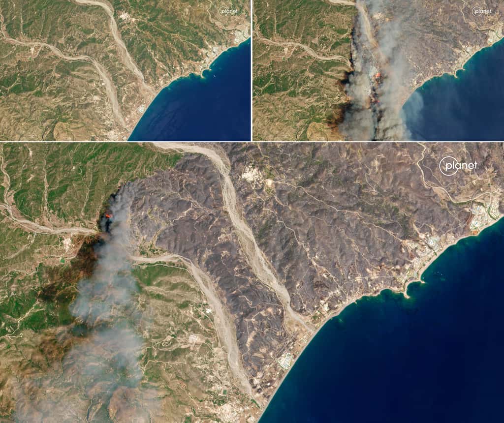  Ces trois images ont été acquises les 20, 24 et 25 juillet. Elles montrent la rapidité avec laquelle cet incendie (plusieurs foyers) s'est propagé, contraignant les autorités à évacuer plus de 30 000 personnes de l'île de Rhodes. © Planet Labs PBC