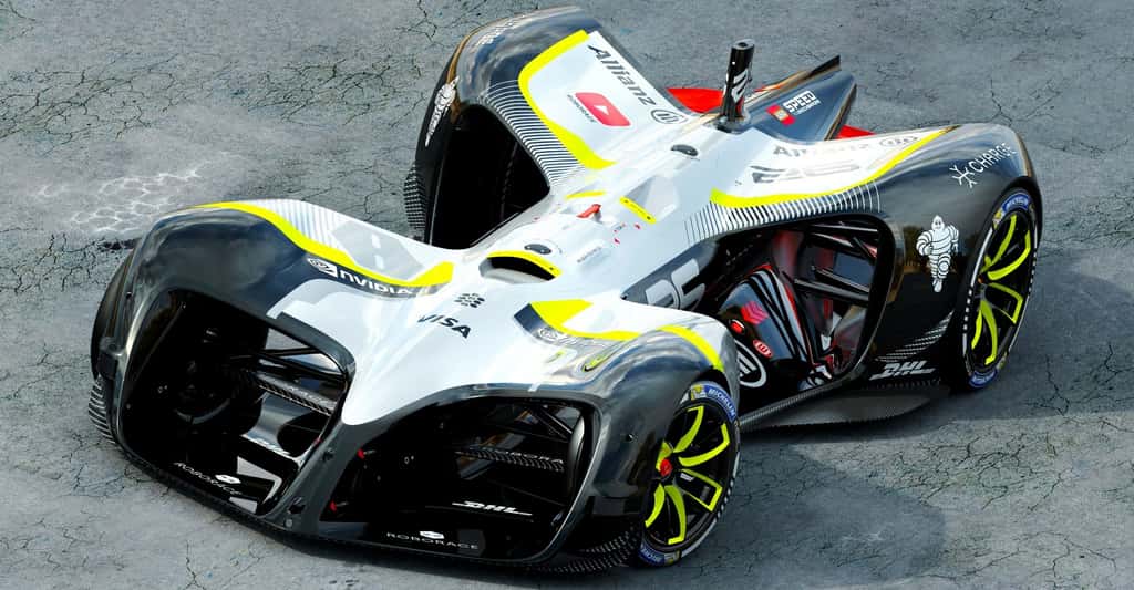Voici la version finale de la Robocar, la voiture de course autonome qui participera au championnat qui engagera dix bolides identiques d’un point de vue matériel. Les équipes s’affronteront sur la qualité de leur intelligence artificielle. © Daniel Simon, Roborace 