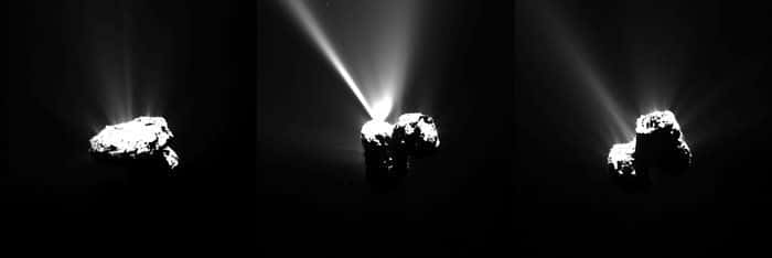 Série d’images du noyau de 67P/Churyumov-Gerasimenko prises par la caméra à angle étroit Osiris, le 12 août, quelques heures avant le périhélie de la comète. Rosetta était alors à 330 km de sa surface très active. La première photo a été réalisée à 14 h 07 TU, la seconde hirsute de puissants jets de gaz, à 17 h 35 TU et la troisième à 23 h 31 TU, environ 2 h 30 avant le périhélie. Voir l’animation gif de cette séquence ici (3,6 Mo). © Esa, Rosetta, MPS for OSIRIS Team MPS, UPD, LAM, IAA, SSO, INTA, UPM, DASP, IDA