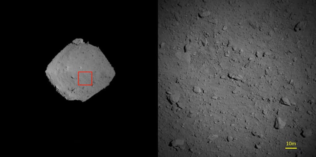 À droite : agrandissement de la zone encadrée en rouge sur la photo de gauche. Cliché pris avec la caméra ONC-T, à environ 1.250 m d’altitude, le 7 août 2018. © Jaxa