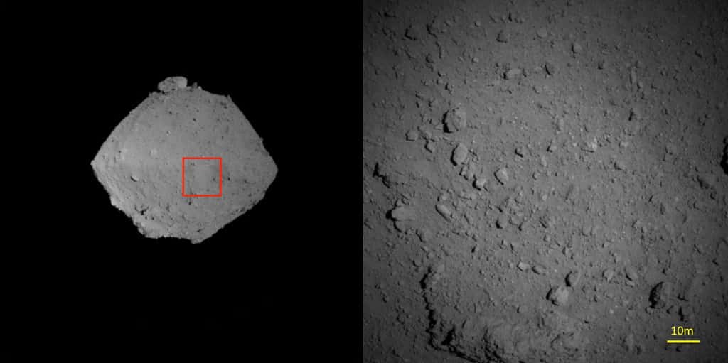 À droite : agrandissement de la zone encadrée en rouge sur la photo de gauche. Cliché pris avec la caméra ONC-T, à environ 1.000 m d’altitude, le 7 août 2018. © Jaxa