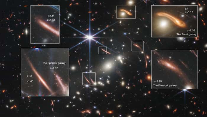 Le télescope spatial James Webb a capturé cette image de l'amas Smacs 0723. Les cinq galaxies « zoomées » sont si éloignées que nous les observons telles qu'elles étaient lorsque l'Univers avait entre un et cinq milliards d'années. Aujourd'hui, l'Univers a 13,7 milliards d'années. © Nasa, Esa, Csa, STScI