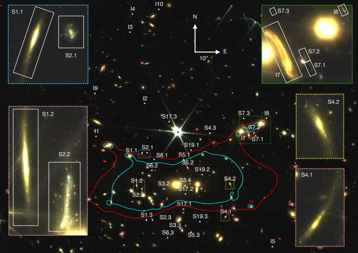 Image couleur de NIRCam (F090W, F150W, F200W) de l'amas Smacs 0723. Les lignes bleues et rouges représentent les lignes critiques à z = 2 et z = 5, respectivement. Les galaxies sélectionnées sont représentées en blanc. Les cinq cases zooment sur les cinq sources plus étendues détectées dans le cluster. © MNRAS 2023, Claeyssens et al.