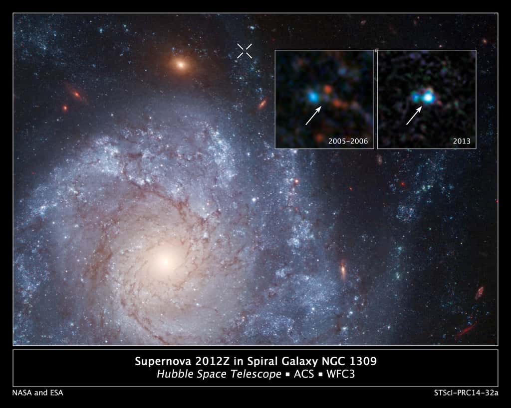 Le panneau en médaillon est une paire d'images du télescope spatial Hubble de la galaxie spirale NGC 1309 qui a été prise avant et après l'apparition de Supernova 2012Z, à la périphérie de la galaxie. L'élément blanc en forme de X en haut de l'image de la galaxie marque l'emplacement de la supernova. Le panneau en médaillon de 2013 montre la supernova ; les données d'archives de Hubble de 2005 et 2006 montrent le système progéniteur de la supernova, considéré comme un système binaire contenant une étoile d'hélium transférant de la matière à une naine blanche qui a explosé. ©Nasa, ESA, C. McCully et S. Jha (<em>Rutgers University</em>), R. Foley (<em>University of Illinois</em>), et Z. Levay (STScI); <em>Hubble Heritage Team</em> (STScI/Aura), et A. Riess (JHU/STScI).