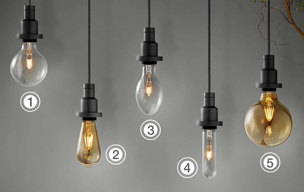 Quatre formes de LED vintage inspirées d’antiques versions de 1906. 1) Globe. 2) Edison à effet filament. 3) Ovale. 4) Tube. 5) Globe à effet filament. © Osram