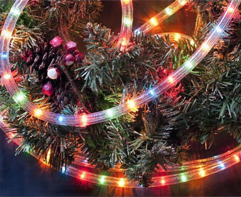 Protégée par une gaine transparente, la guirlande LED de Noël est idéale pour donner un air de fête aux végétaux du jardin comme au sapin du même nom. © Silamp