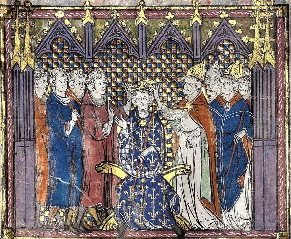 Couronnement de Hugues Capet, roi des Francs (BnF, Français 2615, fol. 148v, détail). © Wikimédia Commons, domaine public