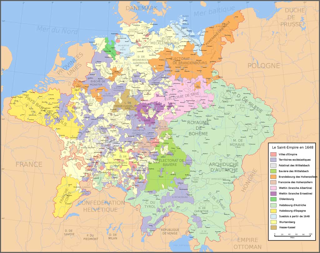 Carte de l'Empire germanique vers 1648 (elle permet de constater le morcellement territorial de cette entité politique) d'après l'<em>Atlas historique</em> de William Shepherd. Bibliothèque de l'université du Texas. © Wikimedia Commons, domaine public