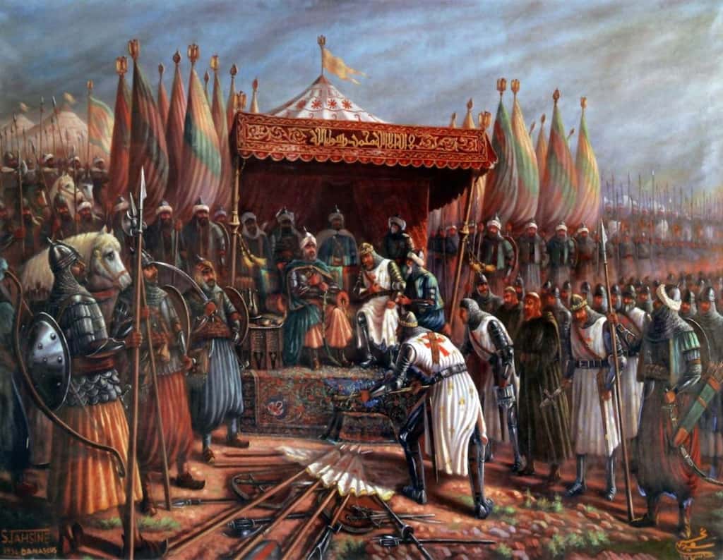 Saladin et Guy de Lusignan après la bataille de Hattin en 1187 par Said Tahseen © Wikimédia commons, domaine public 