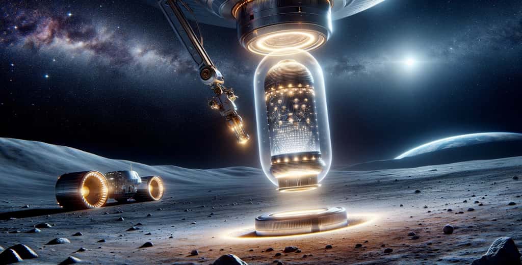 Illustration générée à l'aide d'une IA d'une capsule temporelle déposée sur la Lune. © XD, Futura avec DALL-E