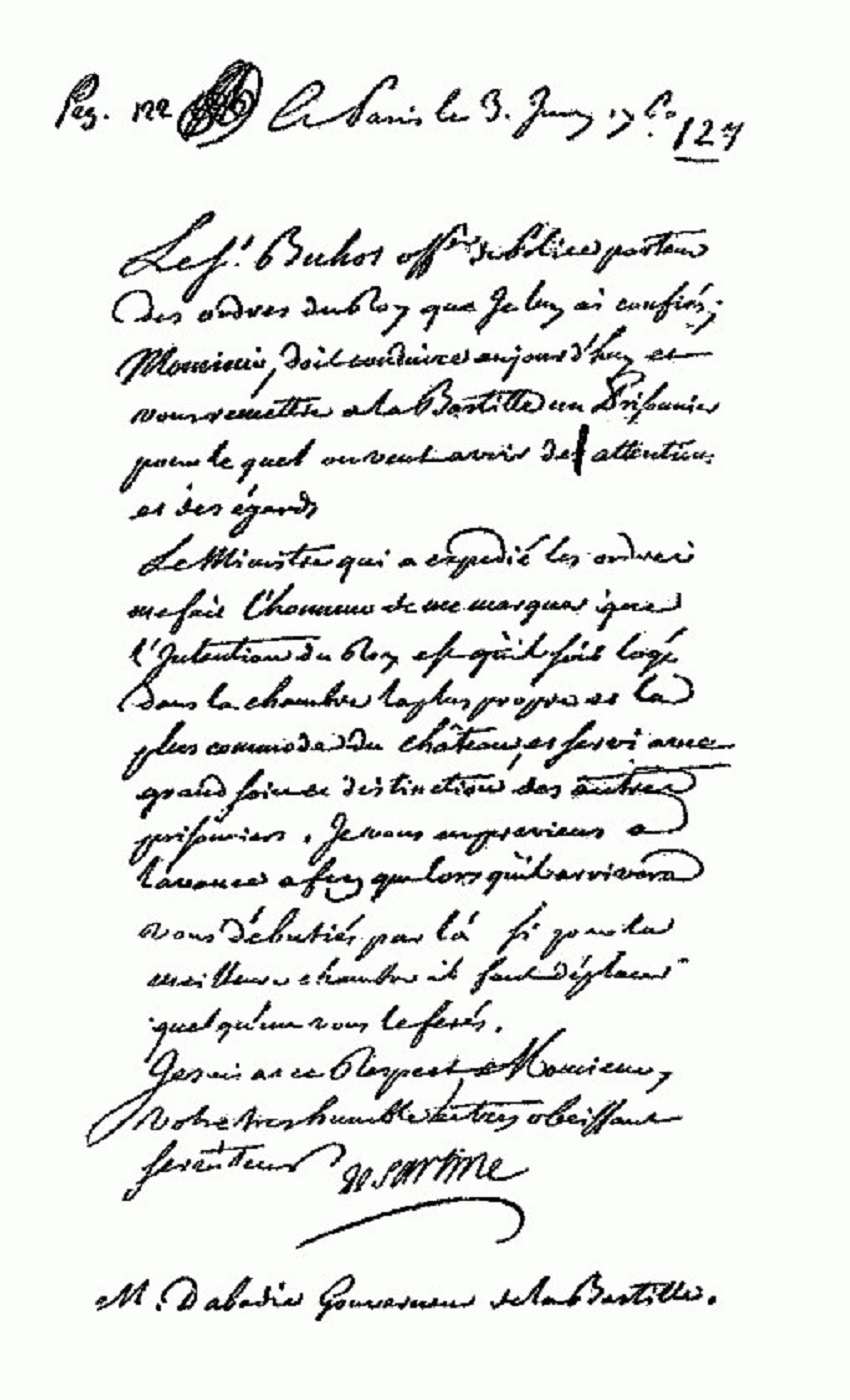 Lettre de cachet de la main d'Antoine de Sartine, lieutenant général de police de Paris (de 1759 à 1774), à l'attention du gouverneur de la Bastille. Bastille archives. © Wikimedia Commons, domaine public 