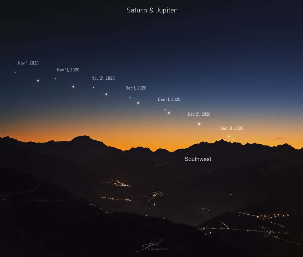 C'est pour bientôt ! Jupiter et Saturne se rapprochent l'une de l'autre pour la Grande Conjonction le soir du solstice d'hiver, le 21 décembre. © S. Voltmer, Apod (Nasa)