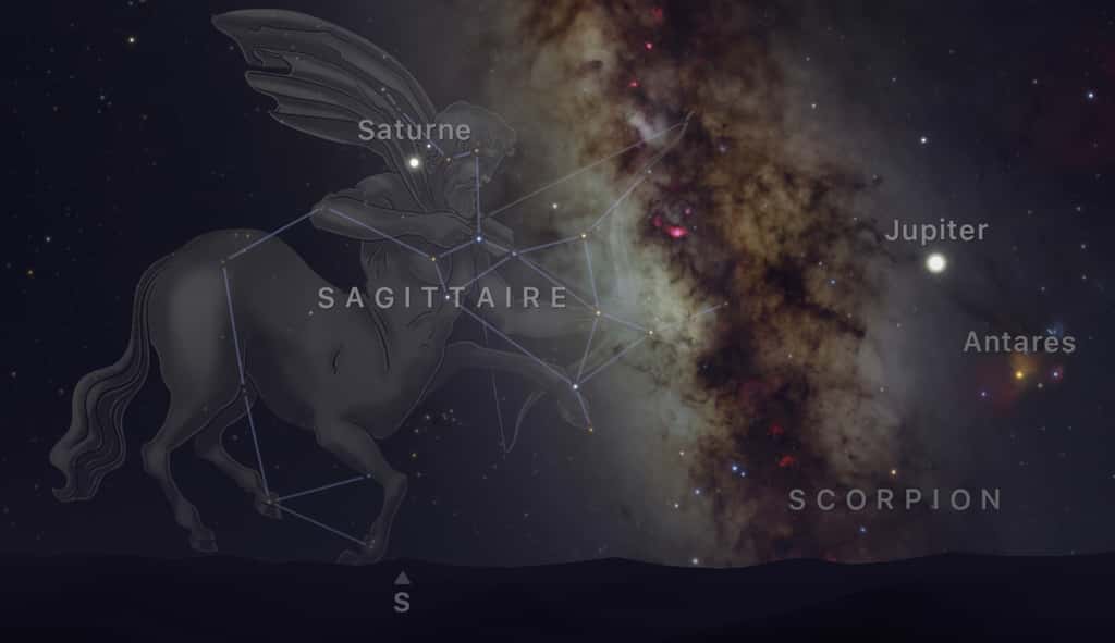 Cet été, Saturne brille sur l'épaule du Sagittaire aussi nommé l'Archer. Jupiter n'est pas loin, sur l'autre rive de la Voie lactée. Capture d'écran de l'app Sky Guide. © Sky Guide