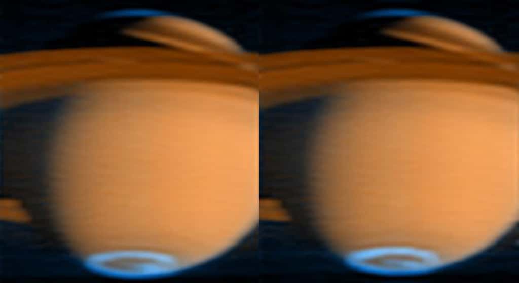 Image en fausses couleurs capturée par Cassini en 2005, l'aurore est visible en bleue aux pôles de Saturne. © Nasa, JPL, <em>University of Colorado</em>