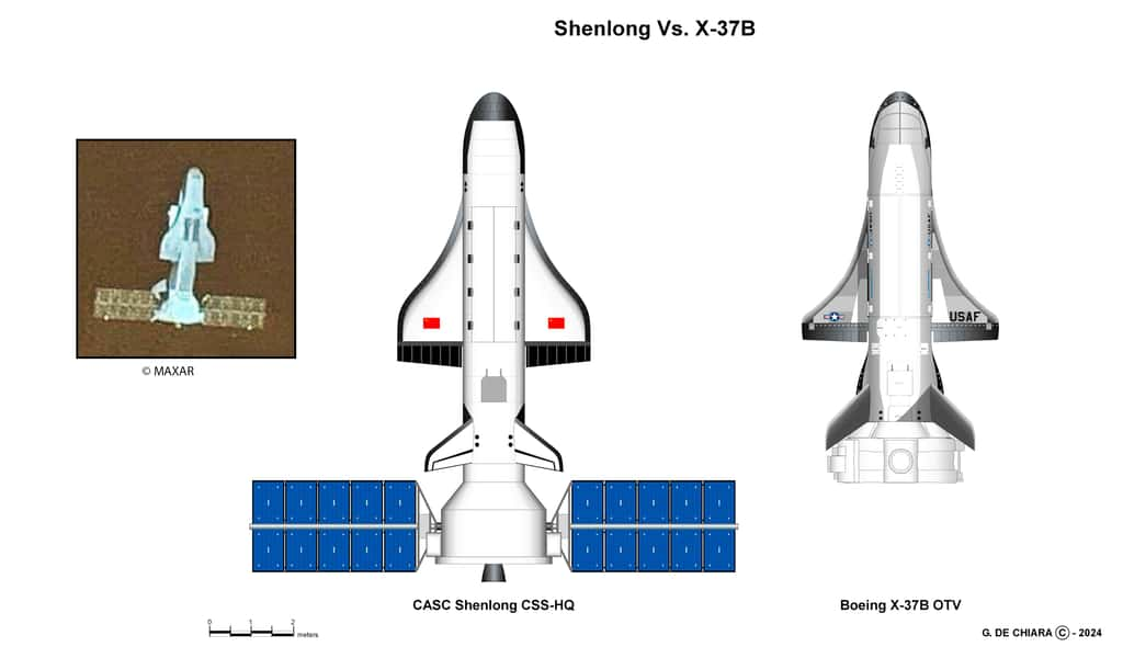 Bien que le Shenlong présente des similitudes indéniables avec le X-37B, dont l'inspiration semble évidente, il révèle également des caractéristiques qui suggèrent une intentionnalité différente dans sa conception. À gauche, l'image acquise par un satellite de Maxar. © Giuseppe De Chiara