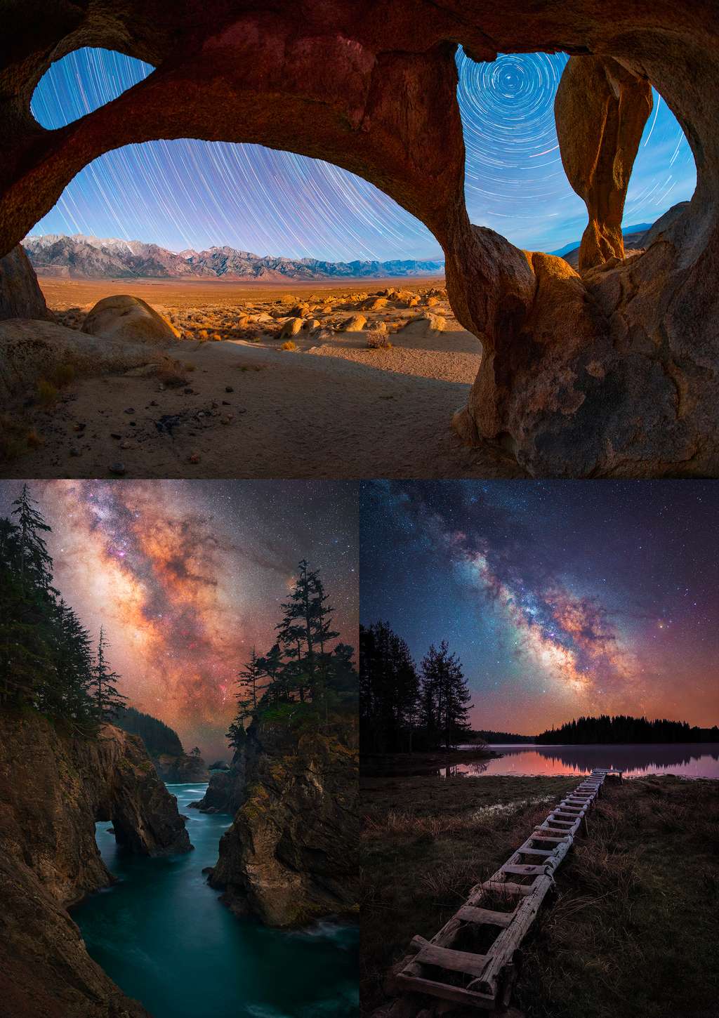 Ces trois clichés concourent dans la catégorie « paysages célestes ».<br>La première a été réalisée par Sean Goebel et montre une arche quadruple située dans Sierra Nevada en Californie. Le plus haut sommet du continent américain, se trouve à l'extrême gauche de l’image.<br>En bas à gauche, la Voie lactée brille de mille feux sur la côte sud de l’Oregon, aux États-Unis, photographiée par Marcin Zając.<br>Enfin, la dernière image a été acquise par Mihail Minkov au barrage de Shiroka Polyana, en Bulgarie.