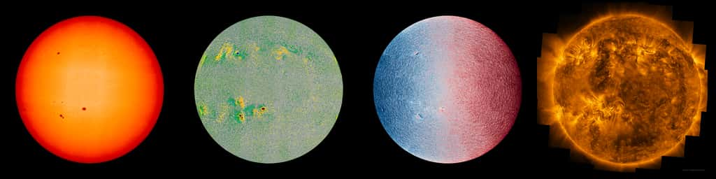 La même région du Soleil observée le 22 mars 2023 dans deux longueurs différentes et avec des mesures du champ magnétique solaire et des mouvements de surface. © ESA