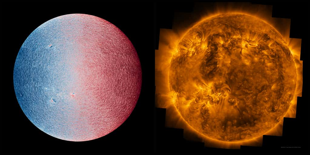 L'image de gauche montre les mouvements à la surface du Soleil et celle de droite le Soleil observé par l'instrument EUI dans l'ultraviolet extrême. © ESA