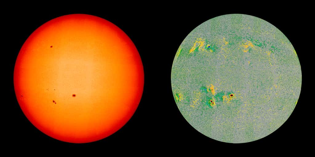 Ces deux mosaïques ont été réalisées à partir d'images acquises par l'instrument PHI. L'image de droite montre le Soleil observé dans le visible, alors que celle de droite montre une cartographie du champ magnétique solaire. © ESA 