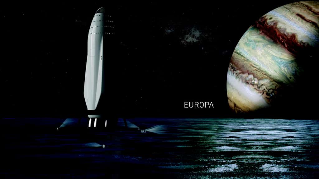 Il n’y a pas que Mars. Elon Musk pense aussi à des voyages vers d’autres planètes du Système solaire et leurs lunes, comme ici Europe, dans la banlieue de Jupiter. © SpaceX