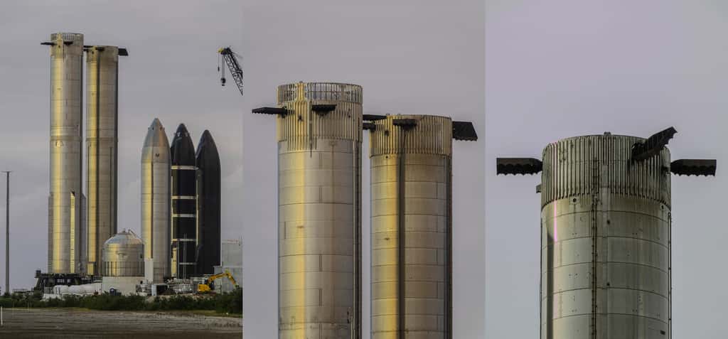 Découvrez les grilles de stabilisation au sommet des deux étages Super Heavy. Ces grilles sont similaires à celles des lanceurs <a href="//www.futura-sciences.com/sciences/actualites/acces-espace-spacex-pulverise-record-200-tirs-consecutifs-reussis-falcon-9-102547/" title="SpaceX pulvérise le record avec 200 tirs consécutifs réussis pour Falcon 9">Falcon 9</a>. Elles servent à contrôler l'attitude de l'étage lors de son retour au sol. © Rémy Decourt