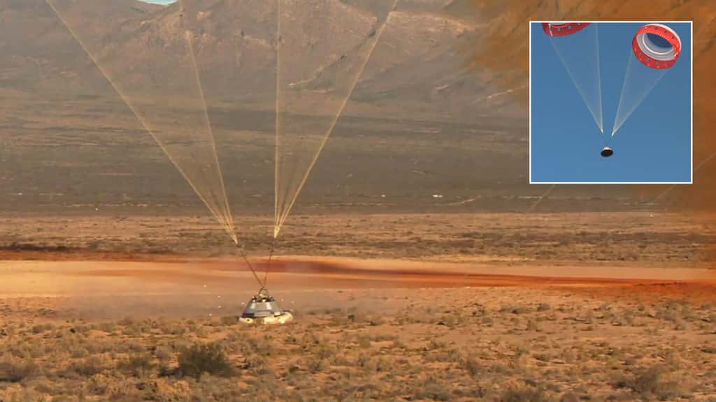 Succès de l'essai du système d'abandon de lancement du Starliner mais seulement deux des trois parachutes de la capsule se sont déployés. © Boeing, Nasa JSC