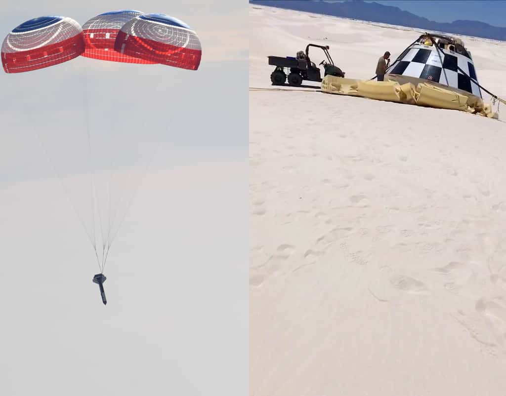 Essais réussis des parachutes du Starliner de Boeing, en juin, sur le polygone de Yuma Proving Ground de l'<em>US Army</em> (image de gauche) et au polygone d'essais de missile de White Sands (image de droite). © <em>U.S. Army, </em>Boeing
