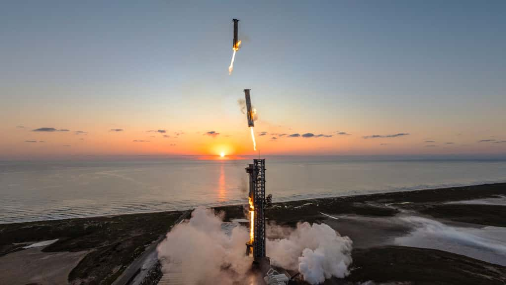 Retour et capture du Super Heavy du Starship. © SpaceX