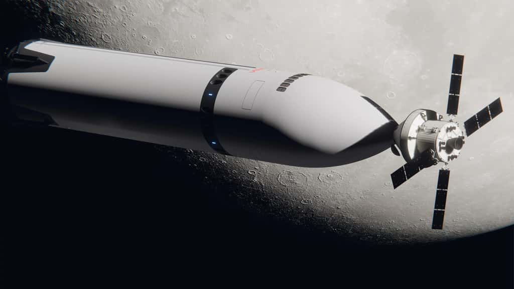 Le Starship Lunaire amarré au véhicule Orion de la Nasa. Seul le Starship se posera sur la Lune, avec deux astronautes. Le troisième astronaute de la mission restera à bord du véhicule Orion, en orbite autour de la Lune. © SpaceX