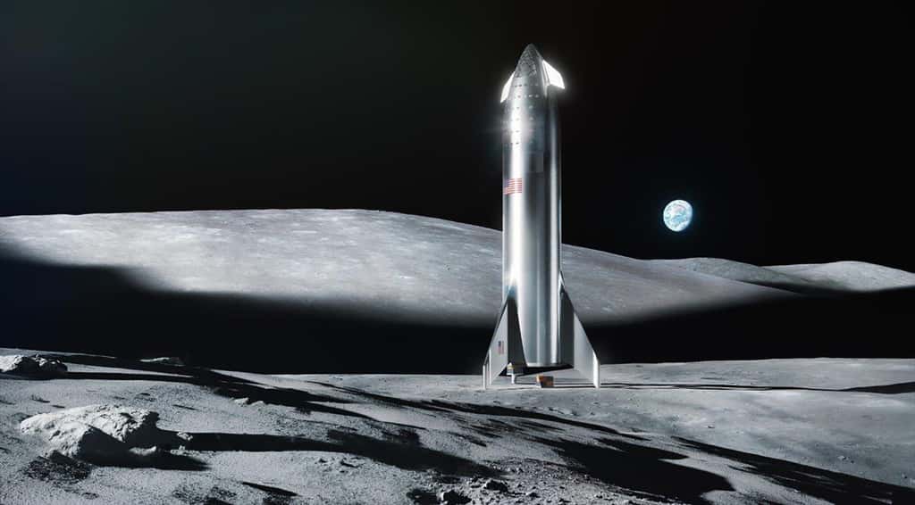 Vue d'artiste du Starship posé sur la Lune. Bien qu'Elon Musk ait annoncé que son système de transport pourrait atterrir sur la Lune dès la fin 2021 pour déposer du fret et deux ans plus tard des hommes (2023), la Nasa et aussi de nombreux spécialistes jugent ces délais trop courts et doutent que SpaceX parvienne à les tenir. © SpaceX 